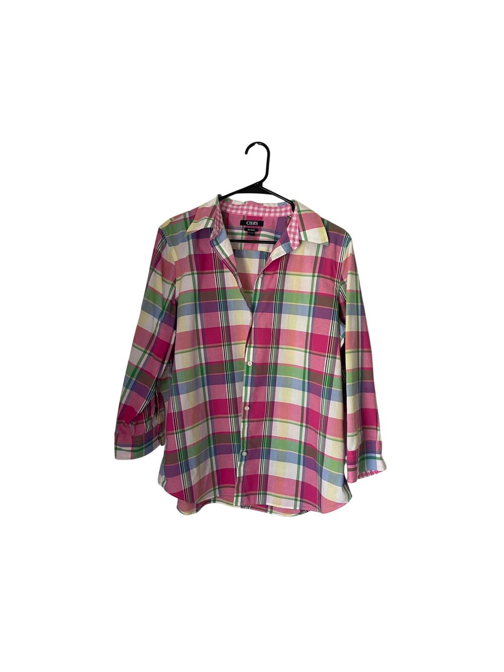 Chaps no iron preppy plaid button down spring pink collared classic- size XL